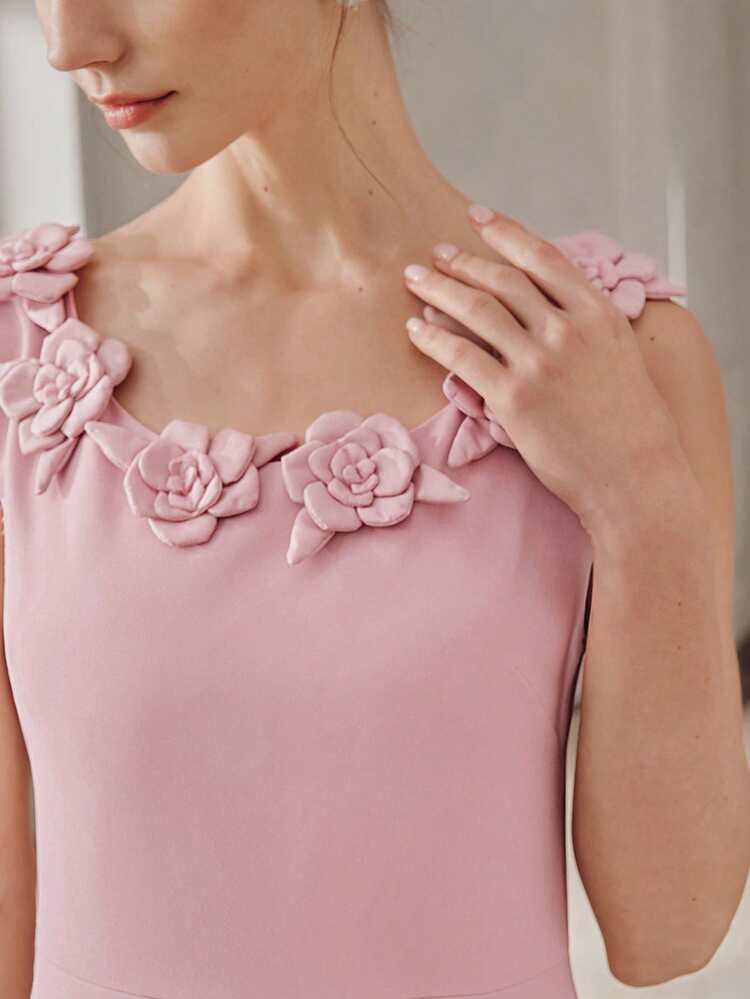 Women's New Elegant Pink Princess Dress, Sleeveless Round Neck 3D Floral Decor, Elegant Sun Skirt Waist Slimming Long Dress, Suitable For Party, Gathering, Date