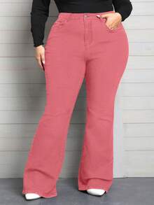 SHEIN CURVE+ Plus Size Solid Color Slant Pocket Fitted Stretch Flare Jeans - Pink - View 3