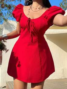 Sunnyshic Đầm ngắn tay đèn lồng dáng chữ A ôm vừa vặn mùa xuân/hè màu trơn cổ tròn thắt nơ xếp nếp lãng mạn cho kỳ nghỉ ngọt ngào - Đỏ - Xem 1