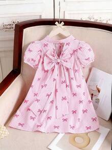 SHEIN Elladie kids 女童粉色条纹领泡泡袖连衣裙，后背蝴蝶结装饰，可爱蝴蝶结印花公主裙，适合夏季假期旅行 - 粉色 - 查看 2