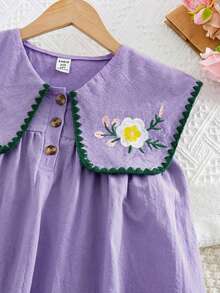SHEIN Tween Girls/Tween Girl Girls Pastoral Floral Embroidered Pattern Ruffle Collar Puff Sleeve Dress,Versatile Round Neck Trim Contrast Color - Purple - View 9