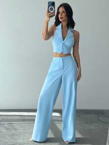 Firerie Women's Elegant Romantic 2-Piece Set, Featuring Halter Backless Design In Gray-Blue, Suitable For Party, Beach, Back To School, Date Night, Wedding Season, Birthday, Easter, Spring/Summer, Modest - Blue - View 5