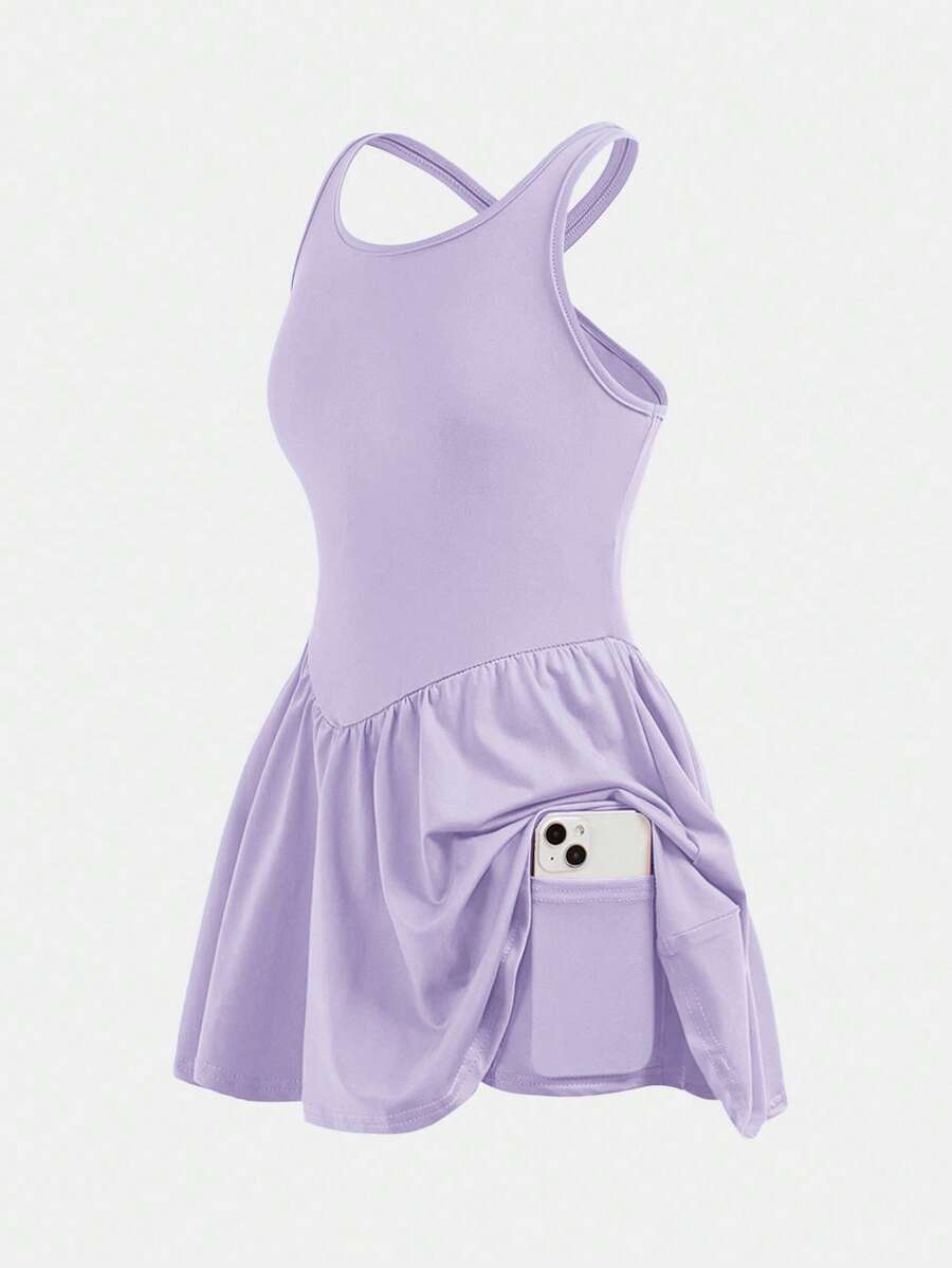少女休闲纯色交叉露背运动连衣裙 - 紫色 - 查看 1