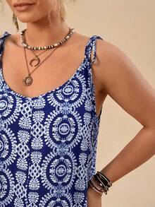 Travachic Plus Size Casual Vacation Floral Print Red Tie-Up Loose Strap Dress For Women - Blue and White - View 6