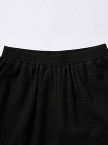 SHEIN 少女纯棕色纹理针织侧褶短袖修身T恤和阔腿裤休闲两件套 - 黑色 - 查看 8