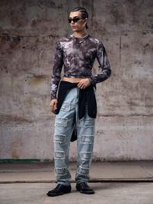 休闲简约做旧洗水长牛仔裤，Emo风格 - 藍色 - 查看 3