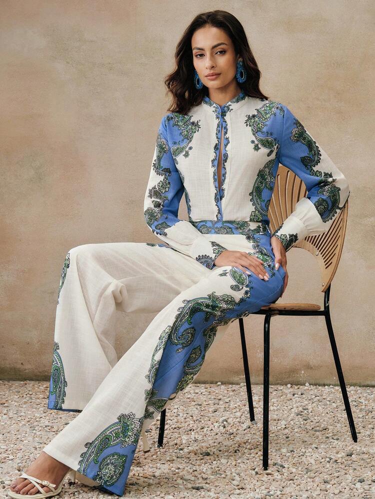 Fashionable Retro Vacation Vibe High Waist Slimming Printed 2 Pieces Set For Women