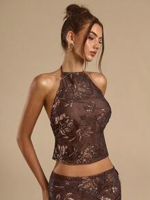 SHEIN BAE Áo kiểu nữ màu nâu đính cườm, thêu họa tiết, hở lưng, thích hợp mặc đi nghỉ mát, kiểu dáng thanh lịch. - Rỉ Nâu - Xem 5