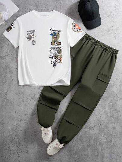Bộ 2 món gồm áo thun in hình và quần jogger, trang phục thể thao thường ngày cho thanh thiếu niên, mùa hè.