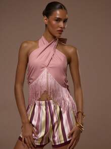 MUSERA Top con cuello halter cruzado, con flecos y espalda baja, sexy, lindo, para vacaciones, salidas, ocasiones, Ibiza, elegante, atardeceres - Rosado Sandía - Ver 1