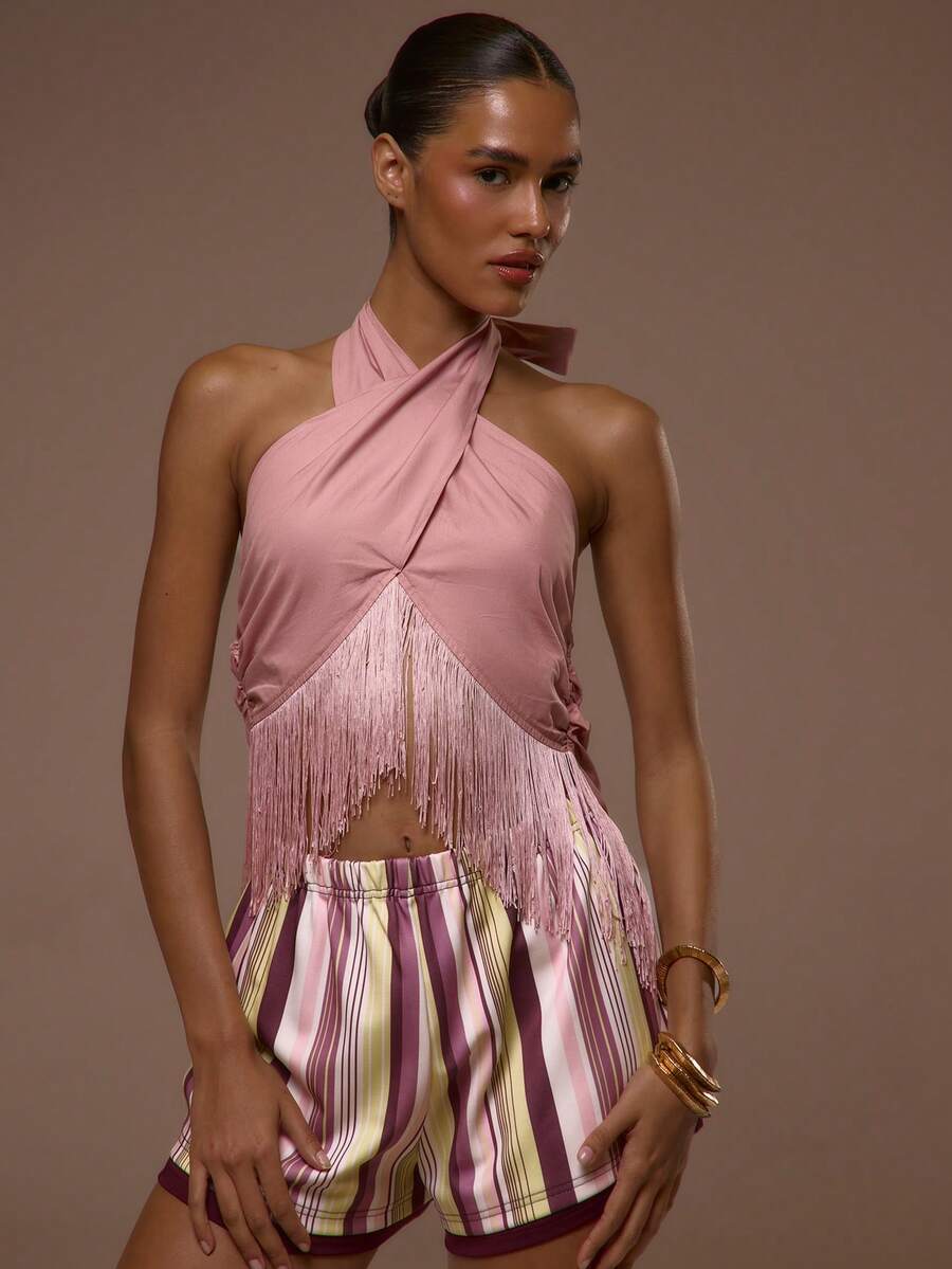 MUSERA Top con cuello halter cruzado, con flecos y espalda baja, sexy, lindo, para vacaciones, salidas, ocasiones, Ibiza, elegante, atardeceres - Rosado Sandía - Ver 1
