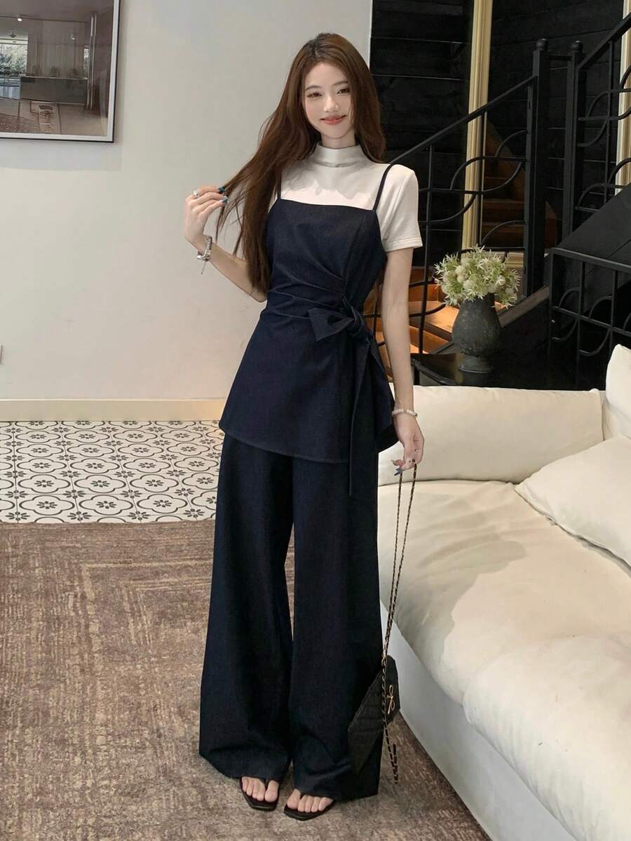 DAZY 2pcs Women's Casual Pleated Tie-Up Camisole & Pants Set Summer - Blue - View 1