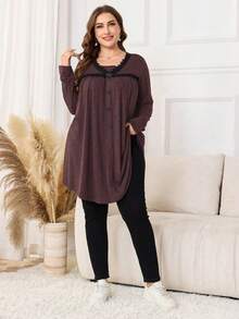 Lacomfia Women's Loose Lace Patchwork Long Tunic T-Shirt, Flattering, Casual, Versatile, Plus Size - Red - View 4