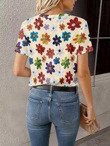 EMERY ROSE Women's Regular Fit T-Shirt, Floral Print Pattern Design, Elegant Vibe, Short Sleeve Tee, Comfortable Daily Wear, Suitable For Outdoor, Office - Multicolor - View 2