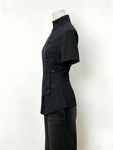 INAWLY Women's Solid Color Retro Chinese Style Mandarin Collar Asymmetric Button-Up Blouse - Black - View 5
