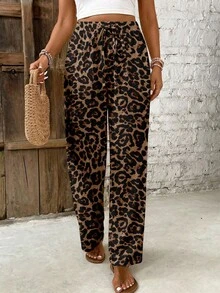 SHEIN Frenchy Quần nữ mùa hè dáng rộng, cạp chun, phong cách tối giản, thanh lịch, kiểu bohemian, retro, họa tiết da báo, thích hợp cho các lễ hội âm nhạc, bãi biển, kỳ nghỉ. - Nhiều màu - Xem 4