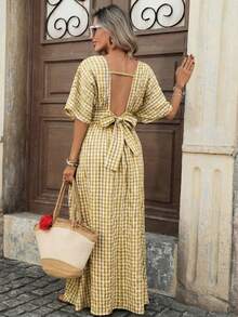 Pariaura 优雅法式风格梭织短袖深V领收腰蓝白格纹女式连衣裙 - 黃色 - 查看 2
