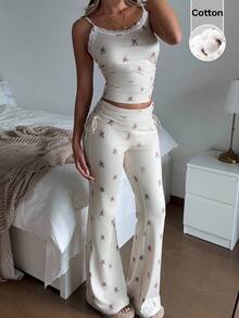 CovetEZ 女士夏季撞色蕾丝可爱小熊印花吊带背心和喇叭裤两件套 - 杏色 - 查看 1