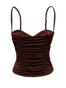 INAWLY Camiseta de tirantes ajustada con fruncido de unicolor para mujer - Café integral - Ver 4