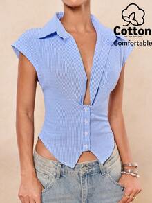 Lumalex 全白派对女士秋季端庄复古夏季泳装泳衣泳装度假优雅复活节波西米亚风海滩热门户外丰富层次婚礼季宴会成人礼海滩海边女士收腰低领翻领上衣时尚性感上衣 - 藍色 - 查看 5