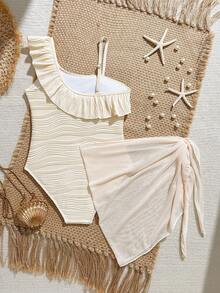Tween Girl Solid Color Textured Ruffle One-Piece Swimsuit And Mini Skirt, Suitable For Beach Vacation, Pool Party, Beach Party - Beige - View 2