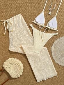 SHEIN Swim Vcay 2026新款春夏女士三件套泳衣，泳装，泳裤，裙子，特殊面料，沙滩度假优雅休闲泳装套装 - 米色 - 查看 2
