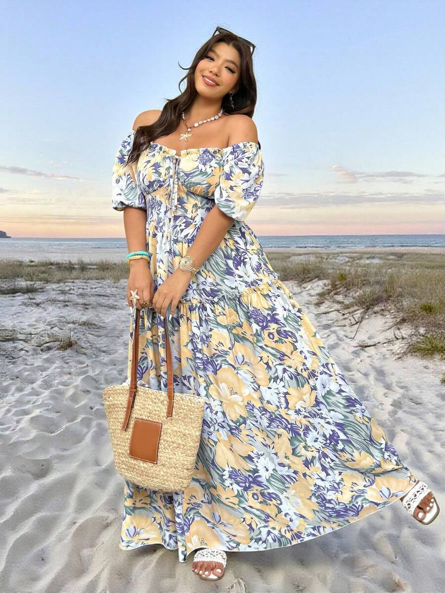 Vionelle 大码女式春夏休闲碎花露肩泡泡袖连衣裙 - 彩色 - 查看 1