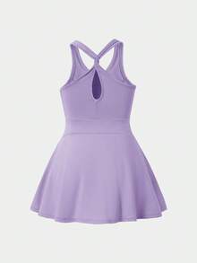 SHEIN Young Girl Solid Color Flared Skirt With Pockets Jumpsuit - Purple - View 6
