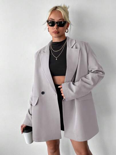 Ritzy Row Women's Casual Oversized Padded Shoulder Mid-Length Double-Breasted Blazer