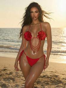 SHEIN Swim SXY Women's Sexy Floral Red Chain Halter Tie Bikini Set, Beach Swimwear, Spring/Summer - Red - View 5