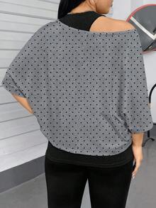 SHEIN Essnce 大码女式休闲两件套，吊带背心和波点露肩上衣，女士夏季两件套，外套，女士夏季服装，露肩上衣，可爱上衣，可爱夏季上衣 - 灰色 - 查看 4