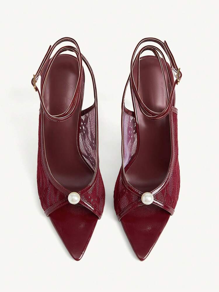 CUCCOO CHICEST Women Shoes Burgundy Wrinkled Mirror Lace Splicing Pearl Decoration Fashionable Elegance Temperament Pointed High Heel Sandals