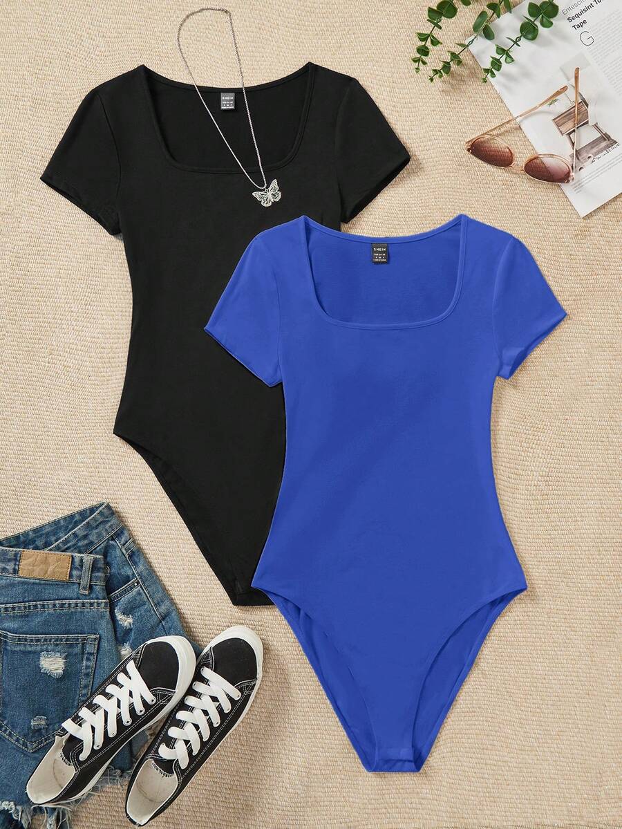 SHEIN EZwear 两件套女士休闲简约黑色和藏蓝色纯色百搭圆领短袖连体衣，适合春夏穿着 - 彩色 - 查看 1