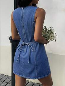 Serisse Đầm denim nữ cổ tròn không tay, kiểu dáng thường ngày, có khóa kéo phía sau và dây rút. - Rửa trung bình - Xem 2