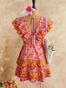 SHEIN Franclia 女士休闲度假约会装，波西米亚风V领荷叶边下摆撞色印花腰带连衣裙，春夏款 - 彩色 - 查看 2