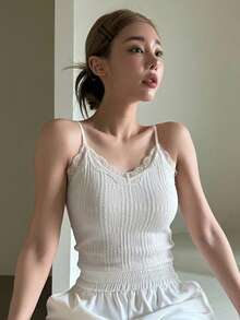 DAZY Women's Casual Vacation & Commute Solid Color Cable Knit Lace Trim Fitted Camisole Top, Summer - Beige - View 3