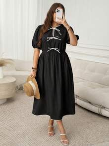 SHEIN LUNE 大码女士休闲蝴蝶结褶皱连衣裙，适合派对和外出穿着，女士休闲连衣裙，女士夏季连衣裙，女士法式连衣裙，女士正装，母亲节礼服 - 黑與白 - 查看 1