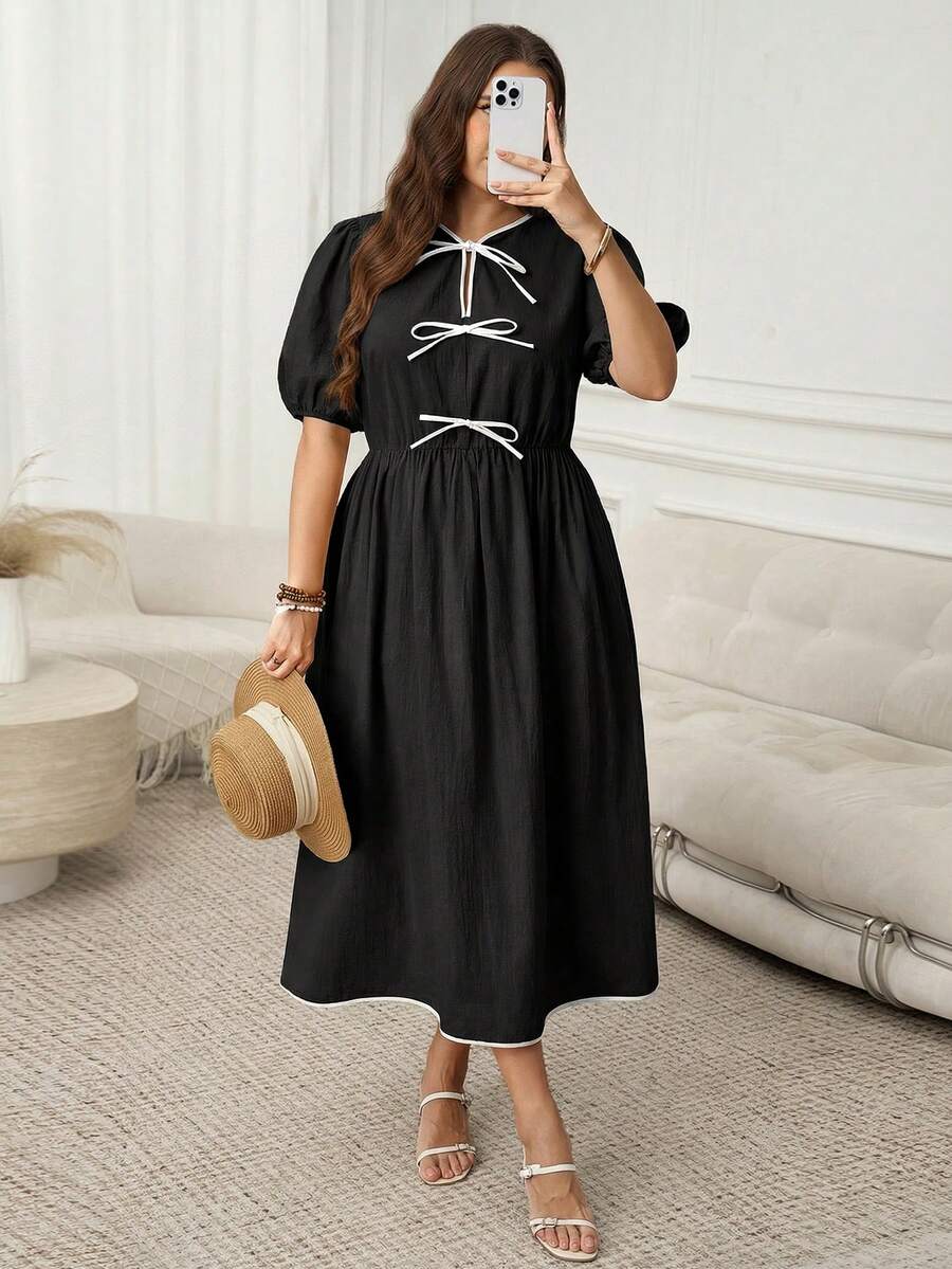 SHEIN LUNE 大码女士休闲蝴蝶结褶皱连衣裙,适合派对和外出穿着,女士休闲连衣裙,女士夏季连衣裙,女士法式连衣裙,女士正装,母亲节礼服 - 黑與白 - 查看 1