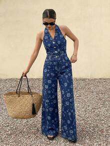 DAZY Women's All-Over Print Tie-Up Waist Loose Wide Leg Denim Jumpsuit - Blue - View 4