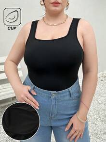 SHEIN Essnce 休闲简约黑色纯色大码女式吊带背心，适合春夏穿着，可叠穿，也适合参加音乐节。 - 黑色 - 查看 1