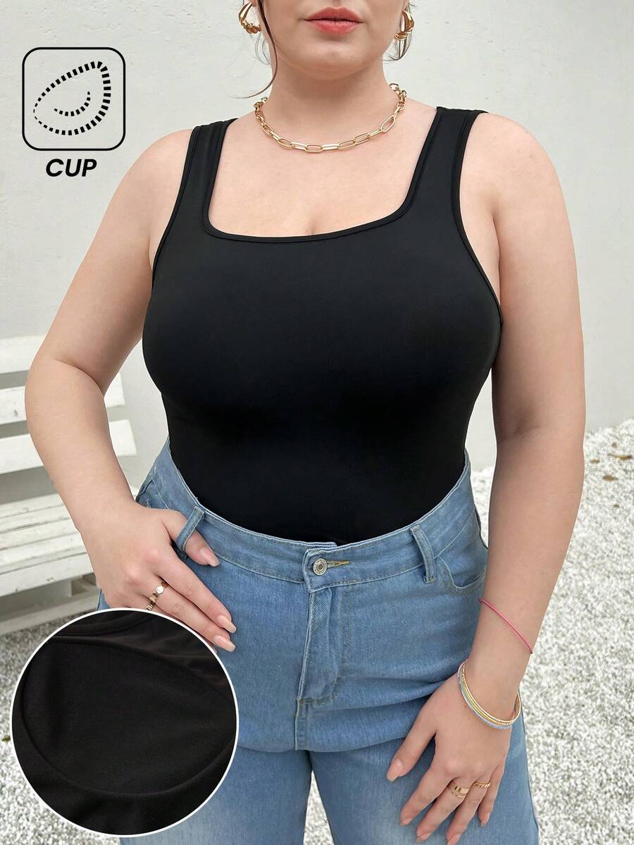 SHEIN Essnce 休闲简约黑色纯色大码女式吊带背心,适合春夏穿着,可叠穿,也适合参加音乐节。 - 黑色 - 查看 1