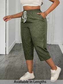 SHEIN PETITE CURVE Plus Drawstring Waist Capris Pants - Fresh Green - View 3