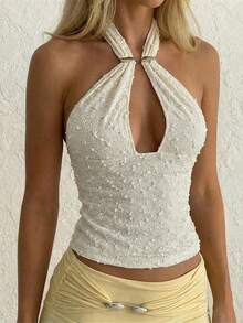 Aloruh Spring/Summer New Metal Accessory Halter Backless Deep V-Neck Bodycon Textured Fabric Halter Tie Back Camisole, Suitable For Valentine's Day, Wedding Season, Music Festivals, Sexy Chic Outfit, Apricot, Solid Color Beige Gedisha Rhinestone Top Halter Tops For Women Pearl Top Women Sexy Tops For Ladies - Apricot - View 10