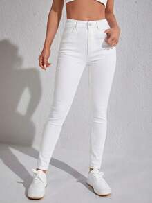 SHEIN SXY Quần jeans nữ dáng ôm, cạp cao, túi xéo, màu trơn. - trắng - Xem 4