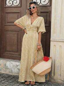 Pariaura 优雅法式风格梭织短袖深V领收腰蓝白格纹女式连衣裙 - 黃色 - 查看 7