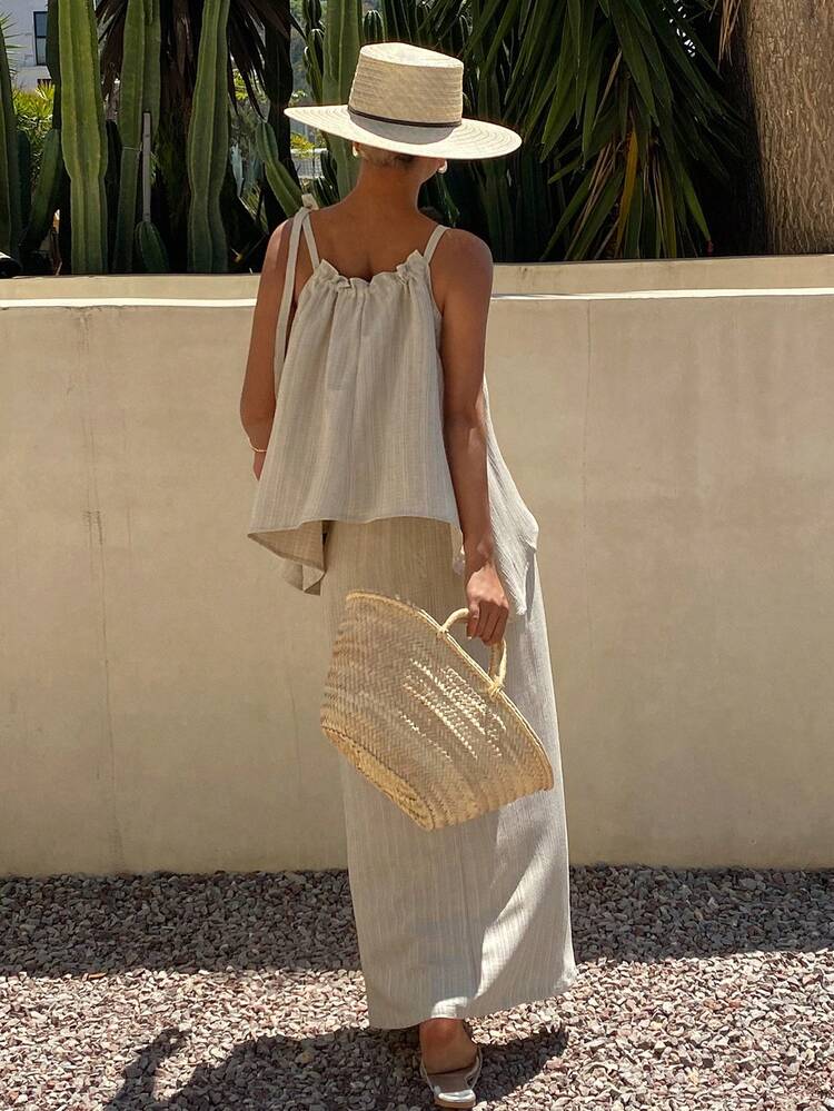 2pcs Women's Summer Vacation Outfit - White Tie-Up Frill Trim Striped Blouse And Flare Pants Set