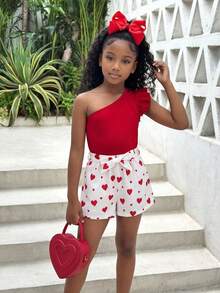 SHEIN Cô gái Tween Một bờ vai Viền Ruffle Áo & In Trái tim Quần Short có thắt lưng - Đỏ và trắng - Xem 1