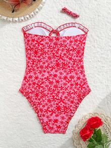 Swim Mod Áo tắm liền thân mùa hè dành cho nữ, họa tiết ngẫu nhiên, không dây, hở lưng, viền bèo nhún, ôm sát. - Nhiều màu - Xem 3