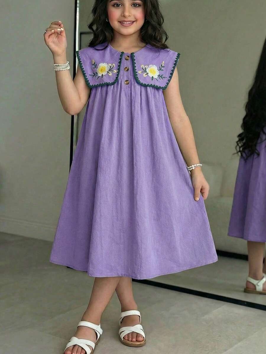 SHEIN Tween Girls/Tween Girl Girls Pastoral Floral Embroidered Pattern Ruffle Collar Puff Sleeve Dress,Versatile Round Neck Trim Contrast Color - Purple - View 1
