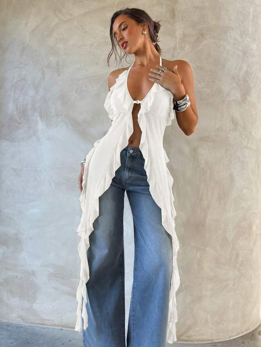 Aloruh Áo kiểu chiffon cổ yếm gợi cảm dành cho nữ - trắng - Xem 1